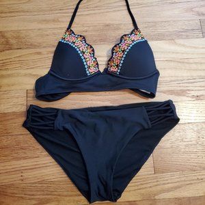 Embroidered two piece black bikini